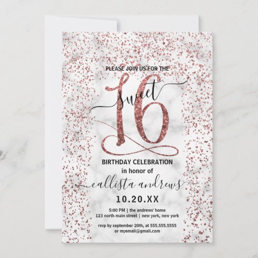 Chic Marmer Roos Goud Confetti Border Sweet 16 Kaart (Voorkant)