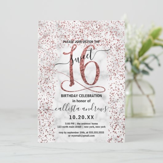 Chic Marmer Roos Goud Confetti Border Sweet 16 Kaart (Staand voorkant)