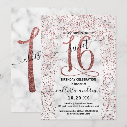 Chic Marmer Roos Goud Confetti Border Sweet 16 Kaart (Voorkant / Achterkant)