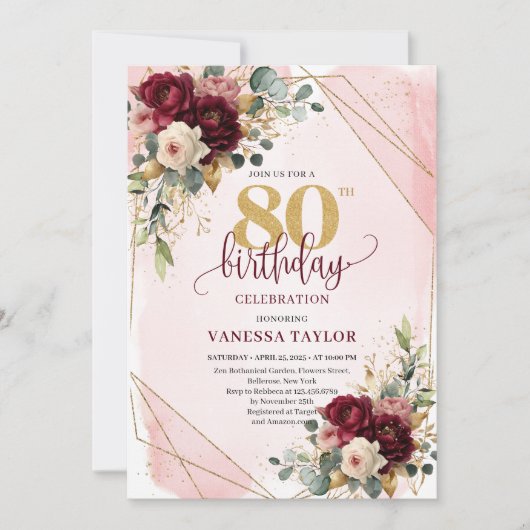 Chic Maroon Blush Gouden Rozen 80e Verjaardag Uitn Kaart (Voorkant)