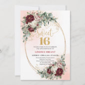 Chic Maroon Floral Gold Sweet 16 Birthday Invite Kaart (Voorkant)