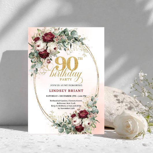 Chic Maroon Peonies Greenery 90th Birthday Invite Kaart
