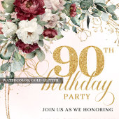 Chic Maroon Peonies Greenery 90th Birthday Invite Kaart