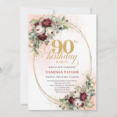 Chic Maroon Peonies Greenery 90th Birthday Invite Kaart (Voorkant)