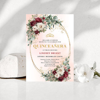 Chic Maroon Peony Eucalyptus 15th Birthday Invite Kaart