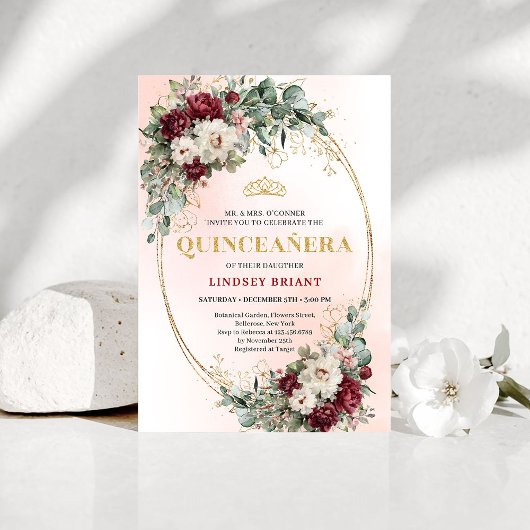 Chic Maroon Peony Eucalyptus 15th Birthday Invite Kaart