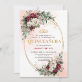 Chic Maroon Peony Eucalyptus 15th Birthday Invite Kaart (Voorkant)