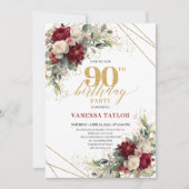 Chic Maroon White Gold Roses 90th Birthday Invite  Kaart (Voorkant)