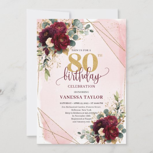 Chic Maroon Wit Goud Rozen 80ste Verjaardag Uitnod Kaart (Voorkant)