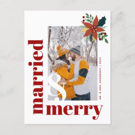 Chic Married en Merry Foto met Kerstmis Poinsettia Briefkaart