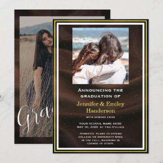 Chic Marron photo double graduation Announcement Kaart