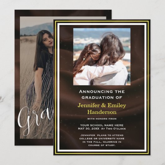 Chic Marron photo double graduation Announcement Kaart (Voorkant / Achterkant)