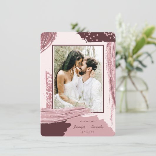 Chic Marsala Abstracte foto Verfpenseel Save The Date (Staand voorkant)