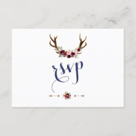 Chic Marsala Floral Antlers Navy Blue Wedding RSVP
