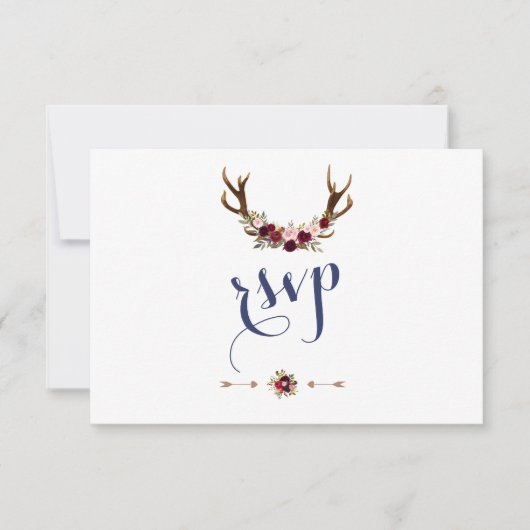 Chic Marsala Floral Antlers Navy Blue Wedding RSVP (Voorkant)