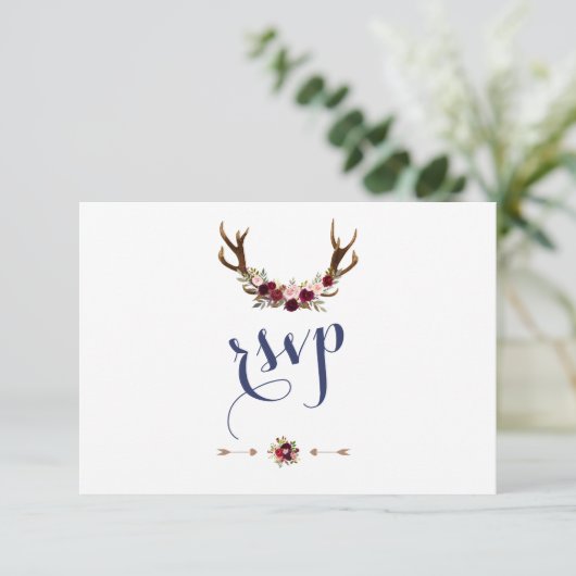 Chic Marsala Floral Antlers Navy Blue Wedding RSVP (Staand voorkant)