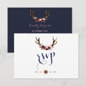 Chic Marsala Floral Antlers Navy Blue Wedding RSVP (Voorkant / Achterkant)