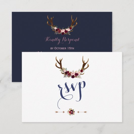 Chic Marsala Floral Antlers Navy Blue Wedding RSVP (Voorkant / Achterkant)