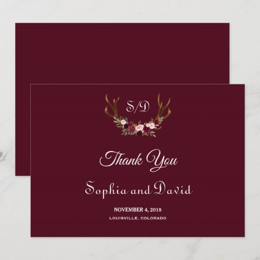 Chic Marsala Floral Antlers Weddenschap Bedankkaart (Voorkant / Achterkant)