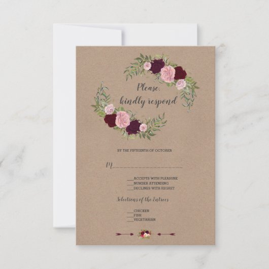 Chic Marsala Floral Craft Paper Wedding RSVP (Voorkant)