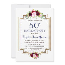Chic Marsala Floral Navy Blue Gold 50th Birthday