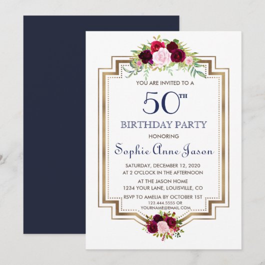Chic Marsala Floral Navy Blue Gold 50th Birthday Kaart (Voorkant / Achterkant)