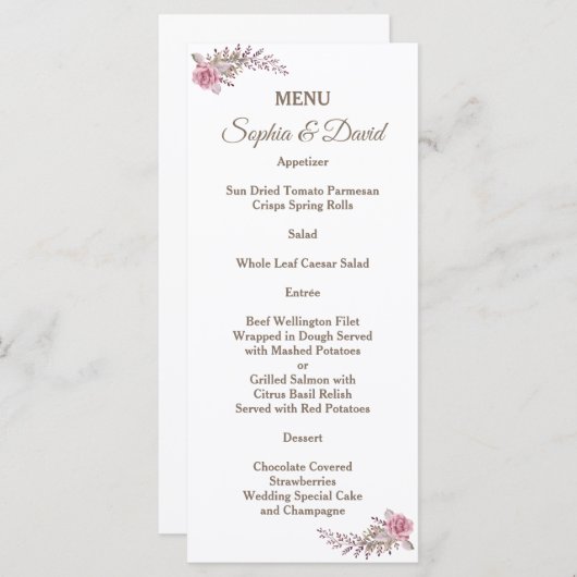 Chic Marsala Maroon Bloemen Waterverf Trouwmenu Menu (Voorkant / Achterkant)