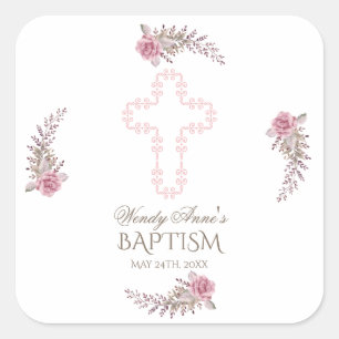 Chic Marsala Maroon Floral Girl Christening Vierkante Sticker