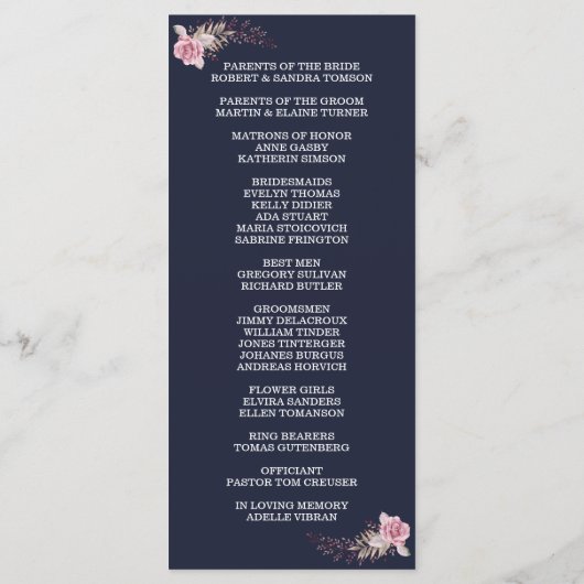 Chic Marsala Maroon Floral Navy Blue Program Programmakaart (Achterkant)