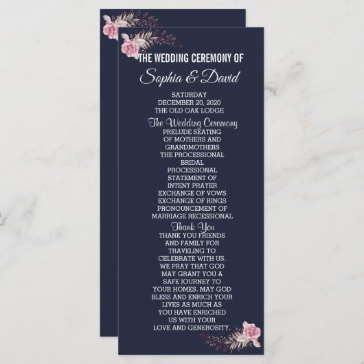 Chic Marsala Maroon Floral Navy Blue Program Programmakaart (Voorkant / Achterkant)