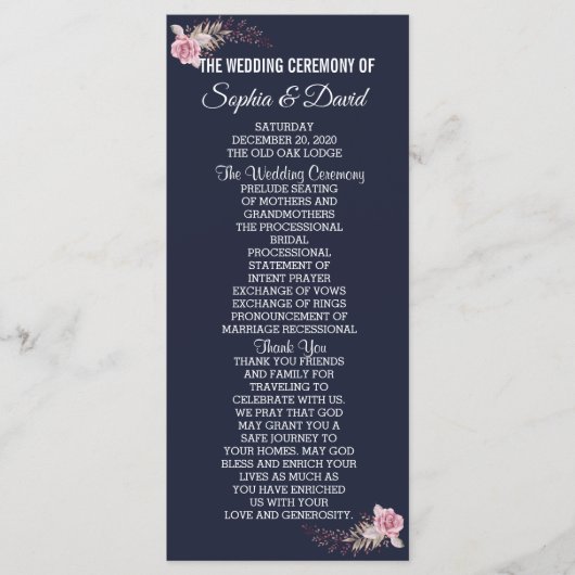 Chic Marsala Maroon Floral Navy Blue Program Programmakaart (Voorkant)