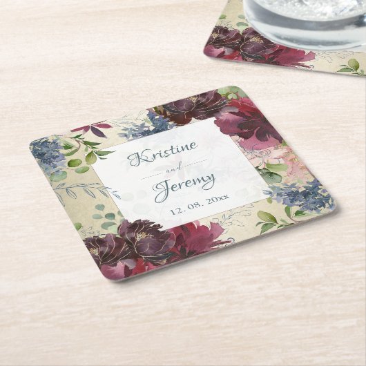 Chic Marsala Roos Bloemen Waterverf Gouden Bruilof Kartonnen Onderzetters (Schuin)