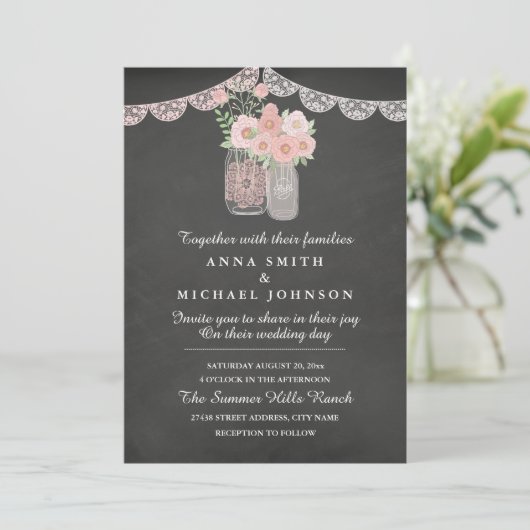 Chic Mason Jar & Chalkboard bruiloft uitnodiging (Staand voorkant)