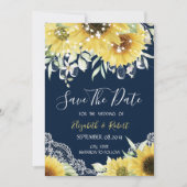 Chic Mason Jar, Lace, Sunflower Navy Blue Save The Date (Voorkant)