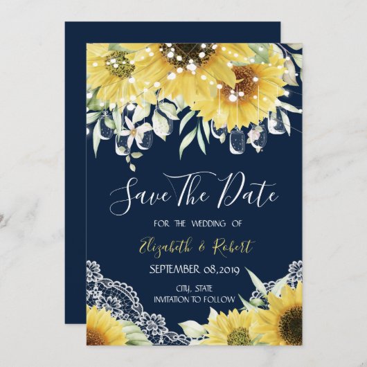 Chic Mason Jar, Lace, Sunflower Navy Blue Save The Date (Voorkant / Achterkant)