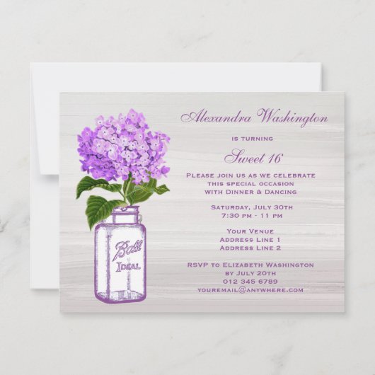 Chic Mason Jar & Paars Hydrangea Sweet 16 Kaart (Achterkant)