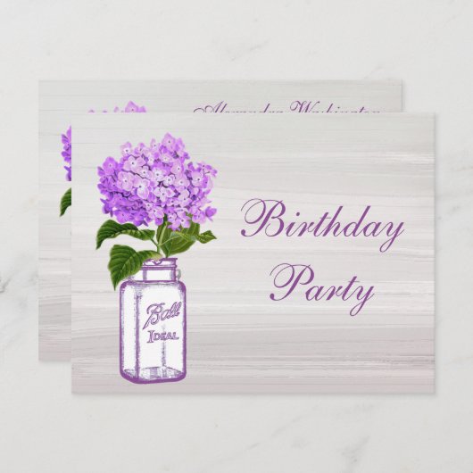 Chic Mason Jar & Paarse Hydrangea Birthday Party Kaart (Voorkant / Achterkant)