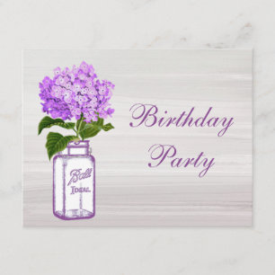 Chic Mason Jar & Paarse Hydrangea Birthday Party Kaart