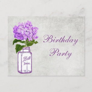 Chic Mason Jar & Paarse Hydrangea Birthday Party Kaart
