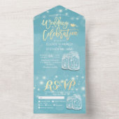 Chic Mason Jar String Light Blue Gold Wedding RSVP All In One Uitnodiging (Binnen)