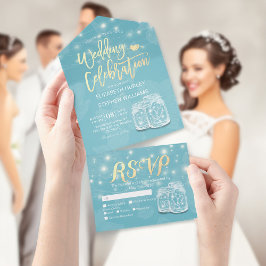 Chic Mason Jar String Light Blue Gold Wedding RSVP All In One Uitnodiging