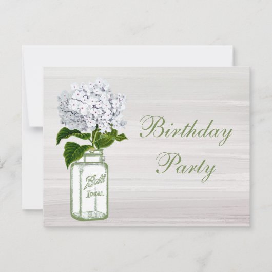 Chic Mason Jar & White Hydrangea Birthday Party Kaart (Voorkant)
