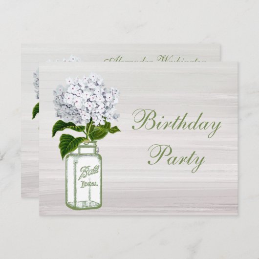 Chic Mason Jar & White Hydrangea Birthday Party Kaart (Voorkant / Achterkant)
