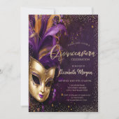 Chic Masque, Confetti Paarse Quinceañera Kaart (Voorkant)