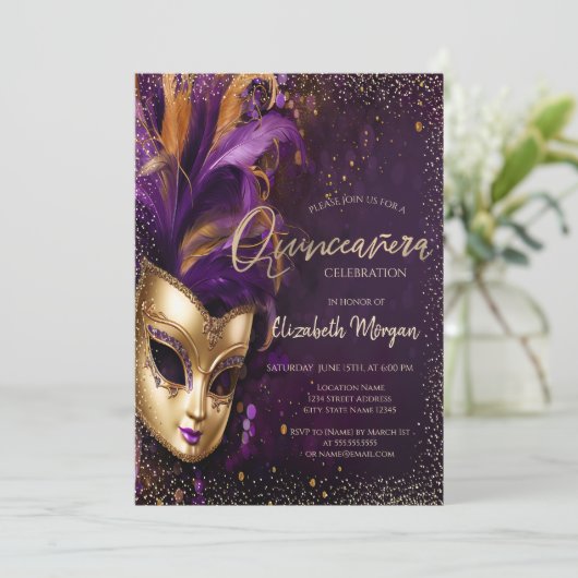 Chic Masque, Confetti Paarse Quinceañera Kaart (Staand voorkant)