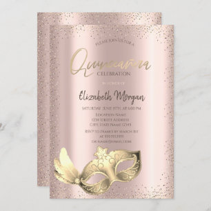 Chic Masque, Confetti Roos Gold Quinceañera Kaart