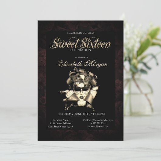 Chic Masque Rozen Black Sweet 16 Uitnodiging (Staand voorkant)