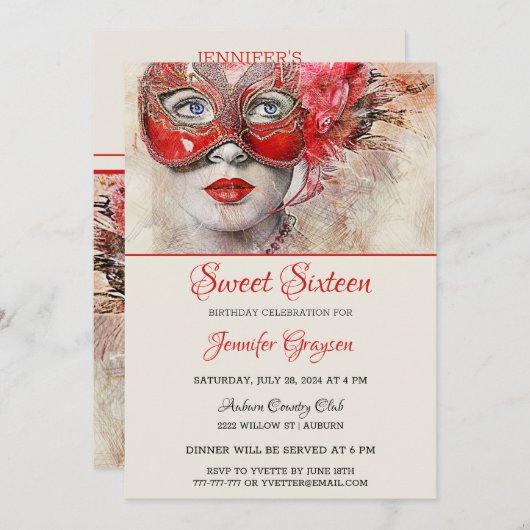 Chic Masquerade Ball Birthday Uitnodiging (Voorkant / Achterkant)