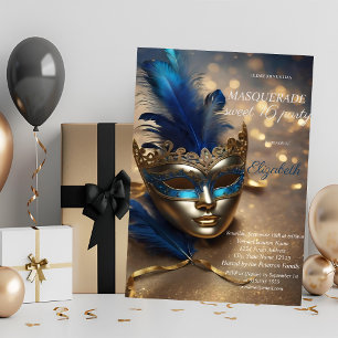 Chic Masquerade Blauw Masker Bokeh Sweet 16 Kaart