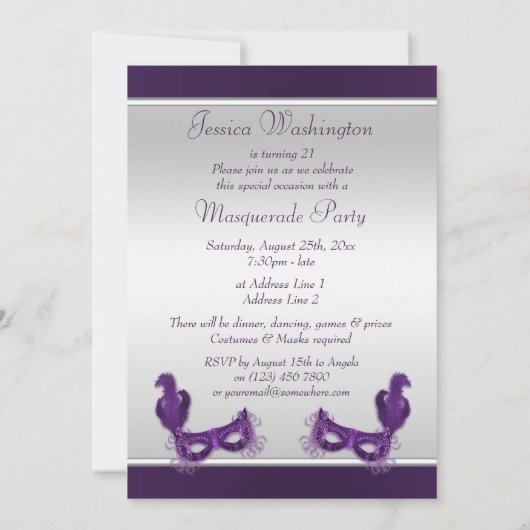 Chic Masquerade Party in Paars en zilver Kaart (Achterkant)